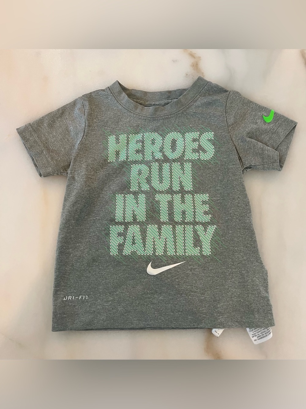Nike Gray Tee with Mint Green 'Heroes Run in the Family' Graphic